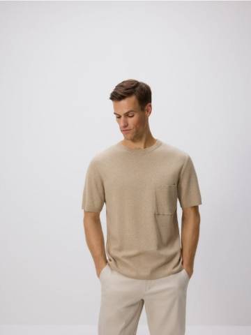 Reserved - Бавовняний джемпер з короткими рукавами - бежевий - 683DR-80M