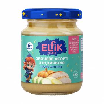Детское пюре Elfik Magic Овощное ассорти с индейкой, от 6 месяцев, 100 г Детское пюре Elfik Magic Овощное ассорти с индейкой, от 6 месяцев, 100 г