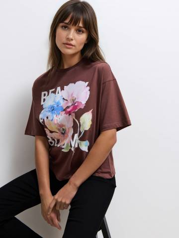 Mohito - Бавовняна футболка з принтом - коричневий - S Mohito - Бавовняна футболка з принтом - коричневий - S