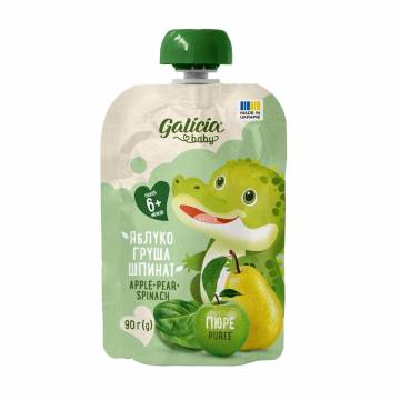 Детское пюре Galicia Baby Яблоко-груша-шпинат, от 6 месяцев, 90 г