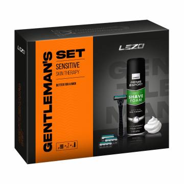 Подарочный набор LEZO Box Prime Gentlemans Sensitive Skin Therapy (бритва с 3 сменными картриджами + пена для бритья, 200 мл) Подарочный набор LEZO Box Prime Gentlemans Sensitive Skin Therapy (бритва с 3 сменными картриджами + пена для бритья, 200 мл)