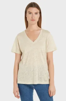 Женская бежевая льняная футболка INEN BLEND V-NK Бежевый S Calvin Klein K20K207261