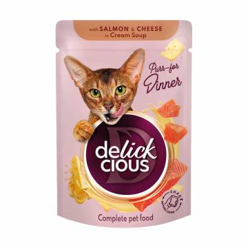 Влажный корм для взрослых кошек Delickcious Полоски с лососем и сыром в крем супе, 85 г Влажный корм для взрослых кошек Delickcious Полоски с лососем и сыром в крем супе, 85 г