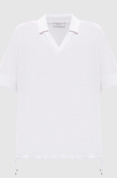 Белый топ с леном с воротником поло