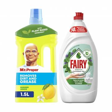 Набор Fairy & Mr.Proper (средство для мытья посуды Чайное дерево и мята, 900 мл + моющее средство для пола и стен Лимон, 1 л) Набор Fairy & Mr.Proper (средство для мытья посуды Чайное дерево и мята, 900 мл + моющее средство для пола и стен Лимон, 1 л)
