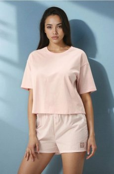 Бавовняна піжама з коротким рукавом і смугастими шортами - рожевий