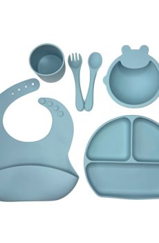 Детский набор посуды Lindo силиконовый, на присосках, серый, от 4 месяцев, 6 предметов (954-2)