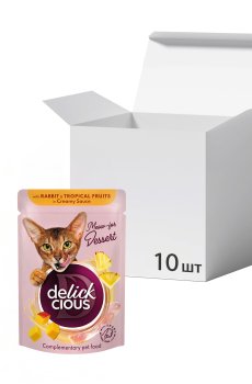 Упаковка влажного корма для взрослых кошек Delickcious Хлопья с кроликом и тропическими фруктами в сливочном соусе, 80 г * 10 шт