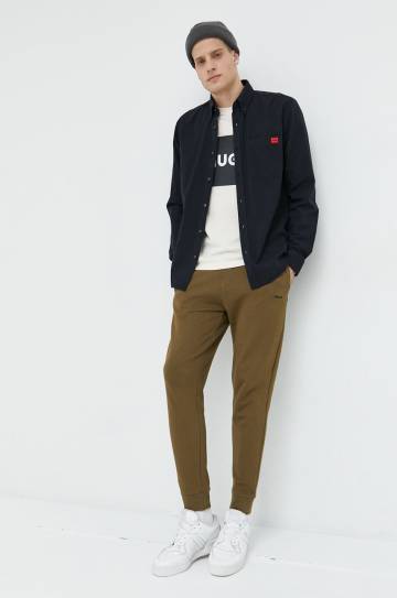 Хлопковая рубашка HUGO мужская цвет чёрный slim воротник button-down Хлопковая рубашка HUGO мужская цвет чёрный slim воротник button-down