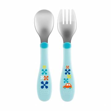 Набор Chicco из нержавеющей стали ложка и вилка, от 1.5 года, голубой (16102.20) Набор Chicco из нержавеющей стали ложка и вилка, от 1.5 года, голубой (16102.20)
