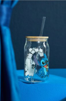Скляний кухоль з кришкою та соломинкою Stitch - різнобарвний