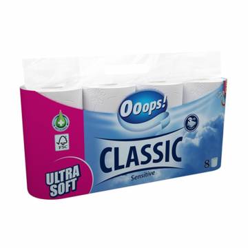 Туалетная бумага Ooops! Classic Sensitive белая, 3-слойная, 140 отрывов, 8 рулонов Туалетная бумага Ooops! Classic Sensitive белая, 3-слойная, 140 отрывов, 8 рулонов