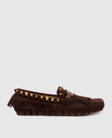 Коричневые замшевые мокасины Rockstud с бахромой. Коричневые замшевые мокасины Rockstud с бахромой.
