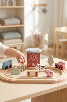 Іграшка - Деревяні колії з транспортними засобами на фермі - різнобарвний