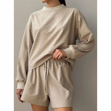 Комплект женский Miso Точка, махра, шорты и лонгслив, бежевый, размер M (13678) Комплект женский Miso Точка, махра, шорты и лонгслив, бежевый, размер M (13678)