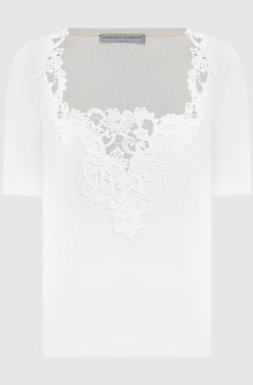 Белый топ в рубчик с кружевом
