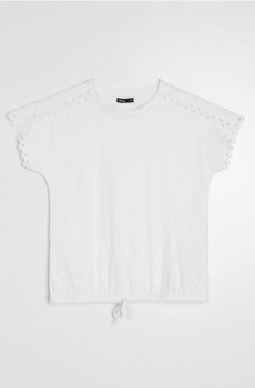 Бавовняна футболка з ажурними деталями - кремовий