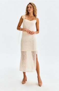 Міді сукня на бретелях із 3D елементом у формі троянди - кремовий
