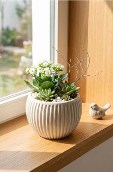 Керамічний горщик з рифленням - кремовий