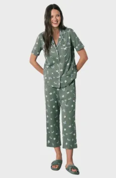Женская оливковая пижама с узором (рубашка, брюки) Stitch Оливковый L womensecret 3133547