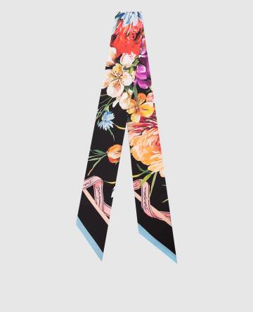 Черная лента твили из шелка в цветочный принт