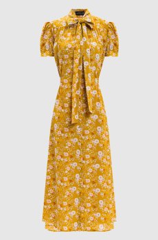 Желтое платье из шелка в цветочный принт с воротником-аскотом
