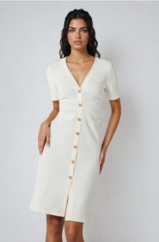 Міні сукня з наборами на талії та декоративними гудзиками - кремовий