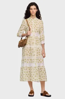 Женское бежевое платье с узором Бежевый 34 Sandro SFPRO04861_Olive - Ecru