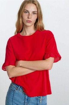 Бавовняна блузка з мереживними деталями - червоний