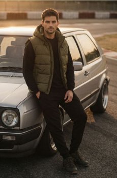 Квітований пuffer жилет з капюшоном - світло-оливковий