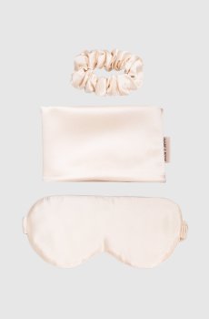 Бежевый набор для сна из маски, наволочки и резинки из шелка