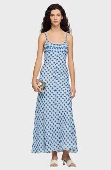 Женский голубой льняной сарафан в клетку Голубой 36 Sandro SFPRO04713_Blu - White