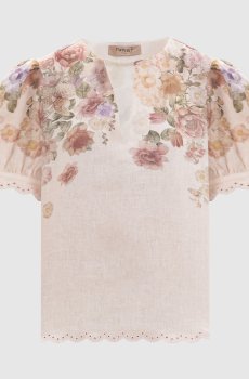 Бежевая блуза из льна в цветочный принт