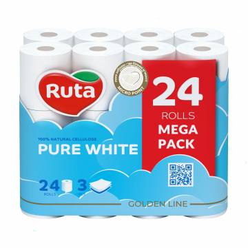 Туалетная бумага RUTA Pure White белая, 3-слойная, 150 отрывов, 24 рулона Туалетная бумага RUTA Pure White белая, 3-слойная, 150 отрывов, 24 рулона