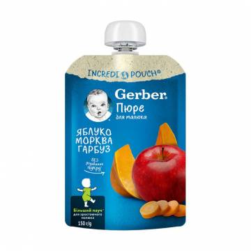 Детское фруктово-овощное пюре Gerber Яблоко, морковь и тыква, от 6 месяцев, 150 г Детское фруктово-овощное пюре Gerber Яблоко, морковь и тыква, от 6 месяцев, 150 г