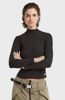 Женский черный лонгслив Asymmetric zip cropped slim mock Черный S G-Star RAW D25056,D702