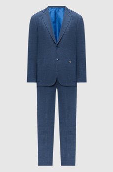 Синий костюм с леном и шелком в клетку