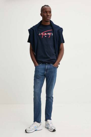 Хлопковая кофта Tommy Jeans мужская цвет синий с аппликацией DM0DM19755 Хлопковая кофта Tommy Jeans мужская цвет синий с аппликацией DM0DM19755