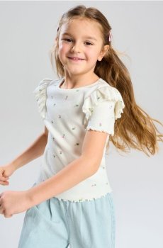 Бавовняна футболка з декоративними воланами - кремовий