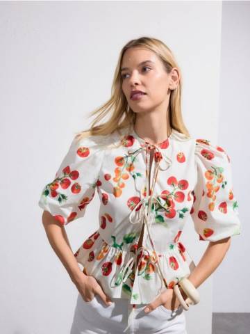 Reserved - Блузка з баскою на зав’язці - кремовий - 563HV-01X