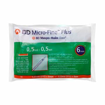 Шприц инъекционный инсулиновый BD Micro-Fine Plus U-100, размер 31G, 0.25*6 мм, 0.5 мл (10 шт) Шприц инъекционный инсулиновый BD Micro-Fine Plus U-100, размер 31G, 0.25*6 мм, 0.5 мл (10 шт)