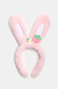 Плюшева пов’язка з вушками кролика та полуницею - пастельний рожевий