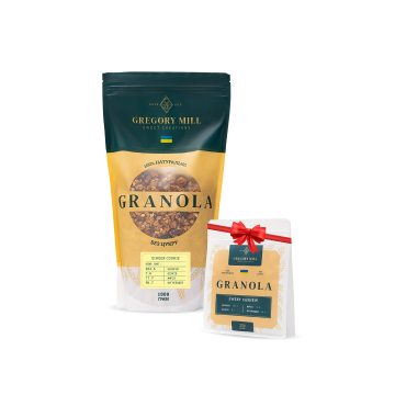 Набір граноли Mini Ginger Cookie, 1 кг & Sweet Cashew, 250 г у подарунок Gregory Mill Набір граноли Mini Ginger Cookie, 1 кг & Sweet Cashew, 250 г у подарунок Gregory Mill