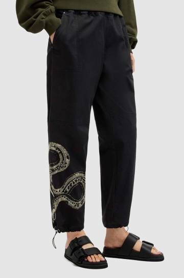 Хлопковые брюки AllSaints YAS EMB TROUSER цвет чёрный прямые средняя посадка WP512Z