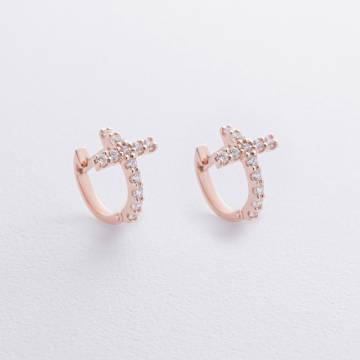 Серьги - кольца "Крестики" с фианитами (красное золото) с09195 Серьги - кольца "Крестики" с фианитами (красное золото) с09195