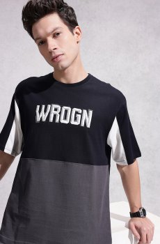 WROGN Pure Cotton Brand Logo Printed Colourblocked Oversized T-shirt