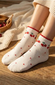 Високі шкарпетки з мотивом вишень 4 pack - кремовий