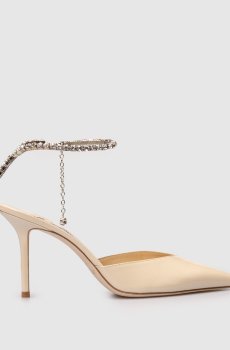 Бежевые кожаные лакированные слингбеки SAEDA с кристаллами