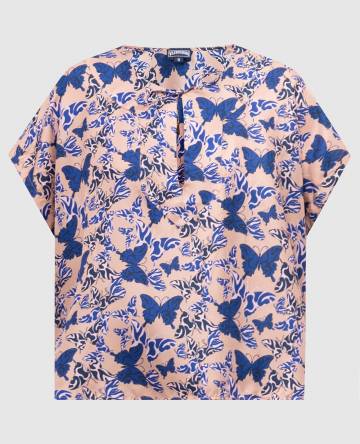 Бежевый топ Disco Butterflly из шелка в принт