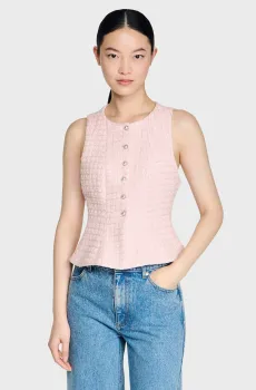 Женский розовый твидовый жилет в клетку Розовый 40 Sandro SFPVE01312_Pink